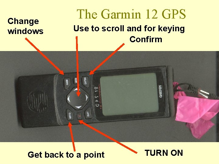Change windows The Garmin 12 GPS Use to scroll and for keying Confirm Get