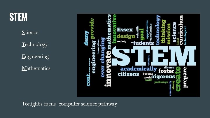 STEM Science Technology Engineering Mathematics Tonight’s focus- computer science pathway 