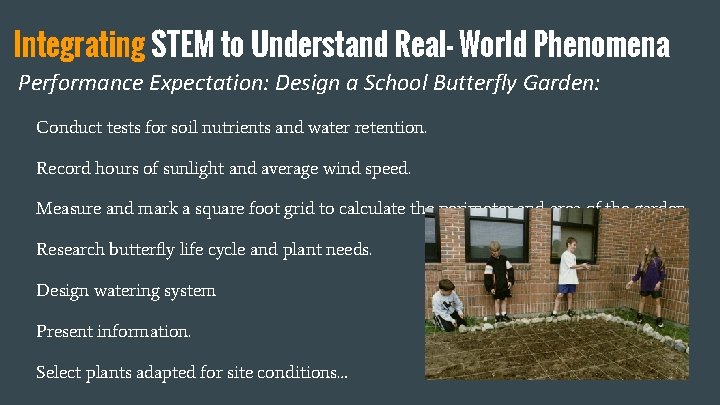 Integrating STEM to Understand Real- World Phenomena Performance Expectation: Design a School Butterfly Garden: