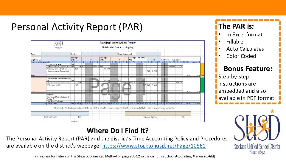 Personal Activity Report (PAR) The PAR is: • • In Excel format Fillable Auto