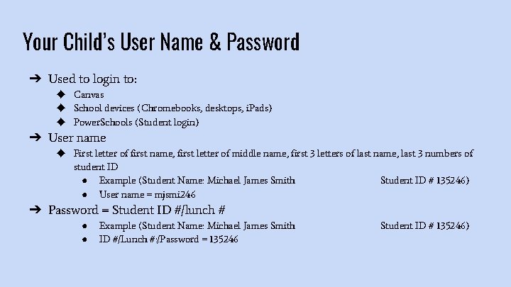 Your Child’s User Name & Password ➔ Used to login to: ◆ Canvas ◆