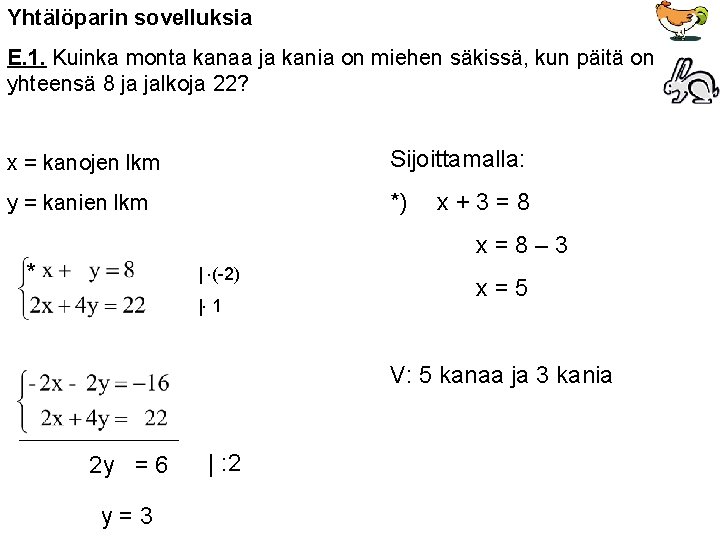 Yhtälöparin sovelluksia E. 1. Kuinka monta kanaa ja kania on miehen säkissä, kun päitä