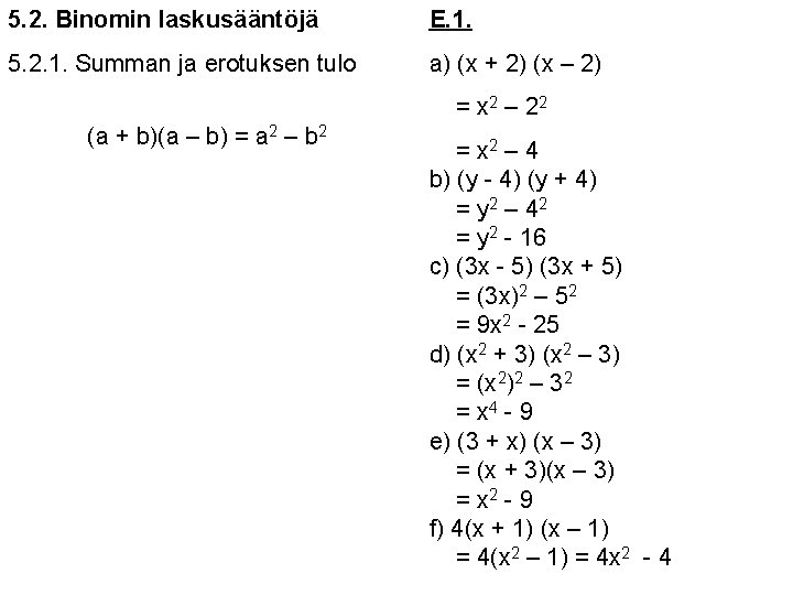 5. 2. Binomin laskusääntöjä E. 1. 5. 2. 1. Summan ja erotuksen tulo a)