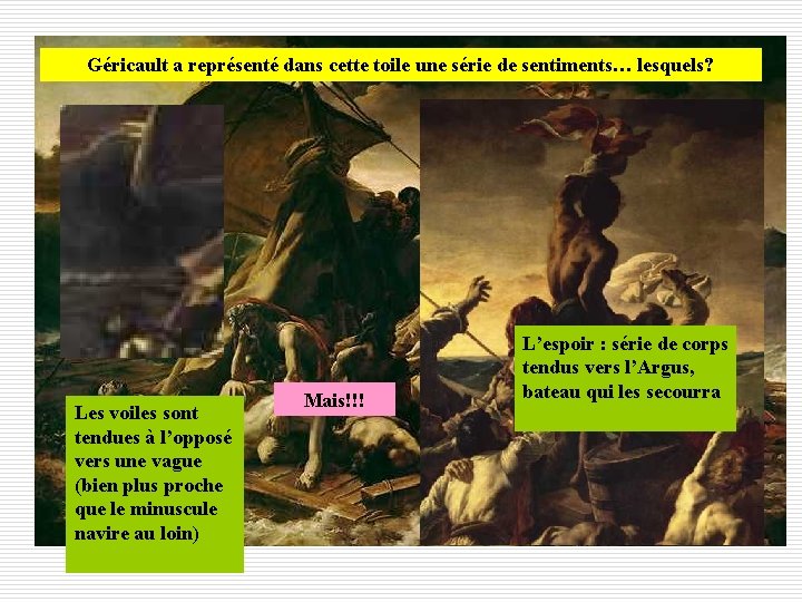 Géricault a représenté dans cette toile une série de sentiments… lesquels? Les voiles sont