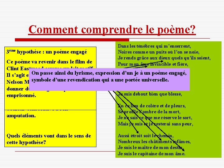 Comment comprendre le poème? ère hypothèse liée à la situation 321ème hypothèse : un