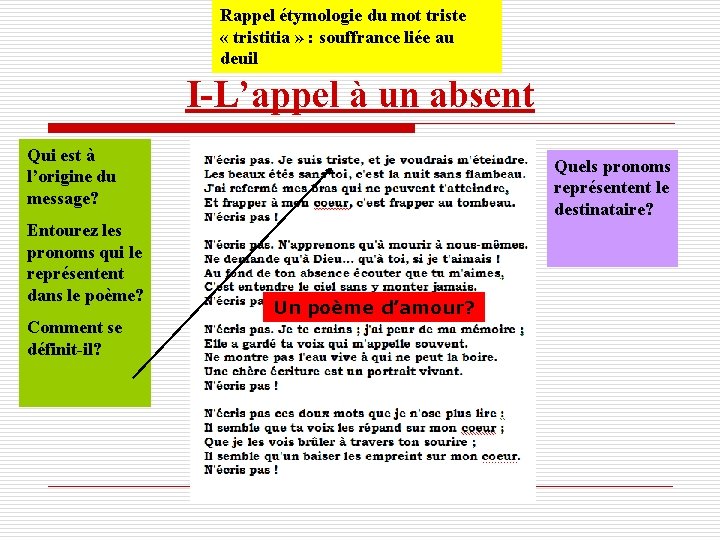 Rappel étymologie du mot triste « tristitia » : souffrance liée au deuil I-L’appel