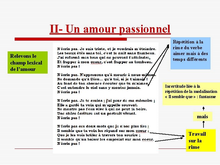 II- Un amour passionnel Relevons le champ lexical de l’amour Répétition à la rime
