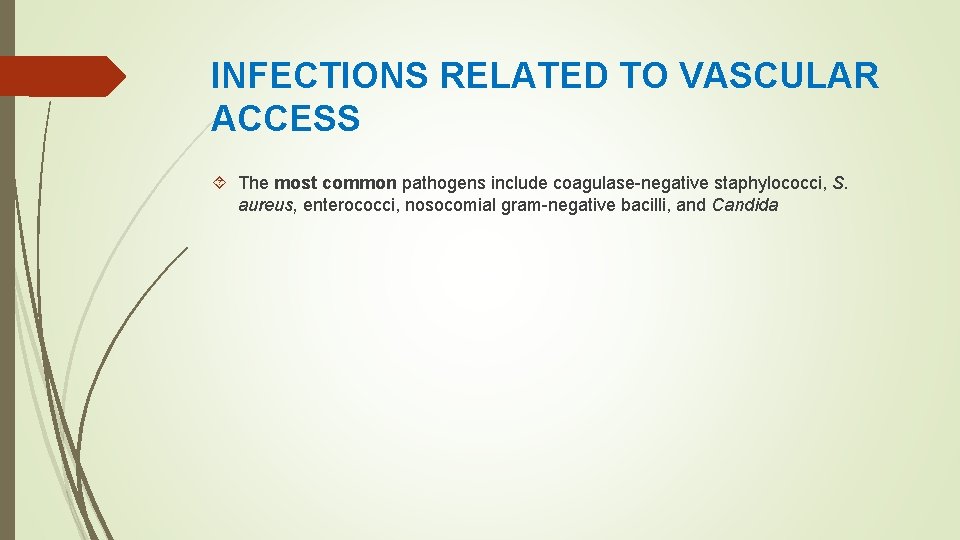 INFECTIONS RELATED TO VASCULAR ACCESS The most common pathogens include coagulase-negative staphylococci, S. aureus,