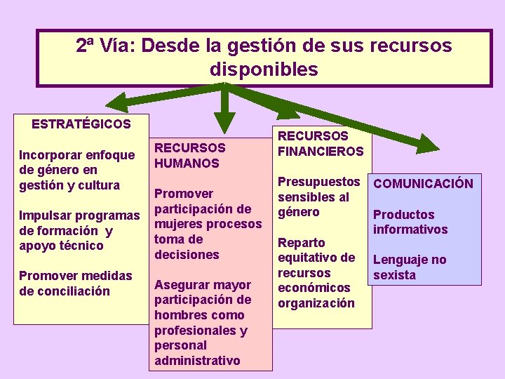 2ª Vía: Desde la gestión de sus recursos disponibles ESTRATÉGICOS Incorporar enfoque de género