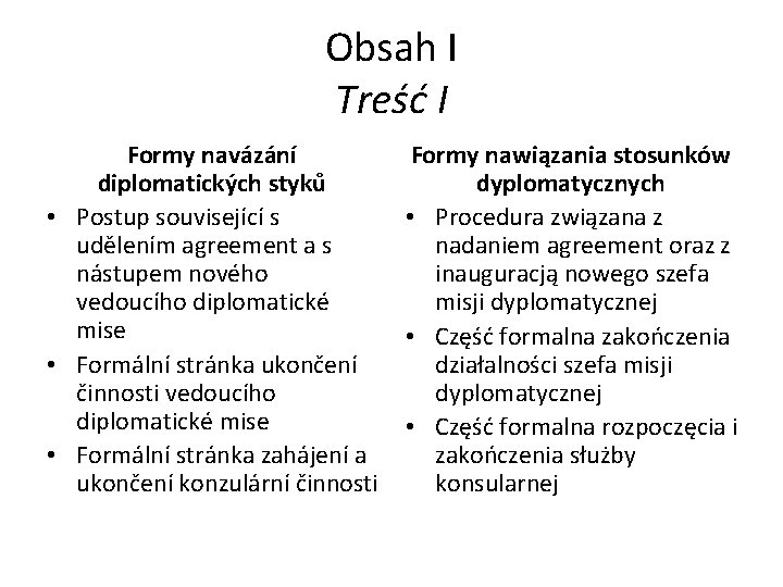 Obsah I Treść I Formy navázání diplomatických styků • Postup související s udělením agreement