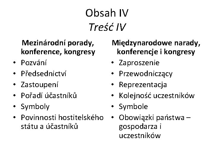 Obsah IV Treść IV • • • Mezinárodní porady, konference, kongresy Pozvání Předsednictví Zastoupení