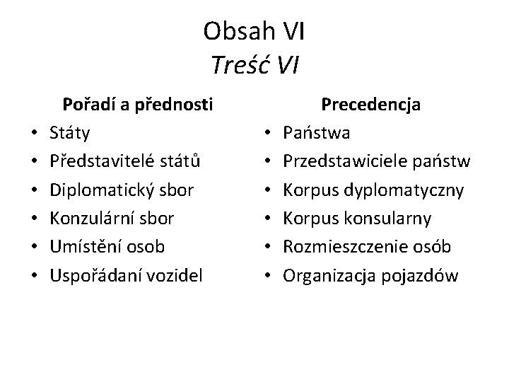 Obsah VI Treść VI • • • Pořadí a přednosti Státy Představitelé států Diplomatický