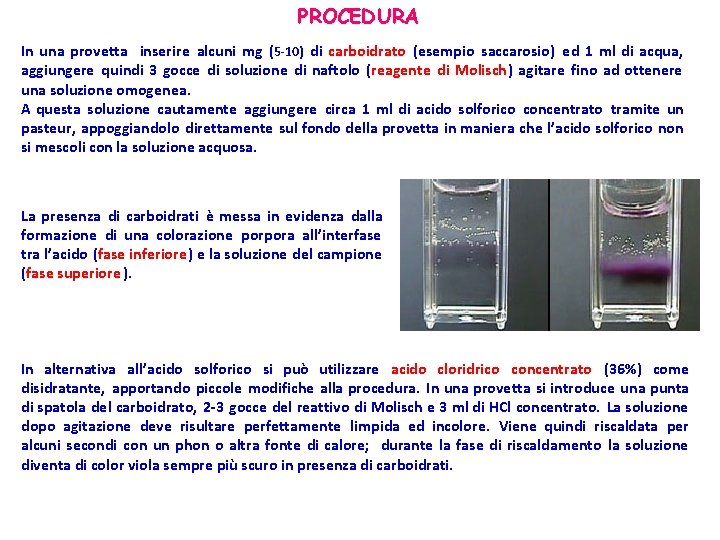 PROCEDURA In una provetta inserire alcuni mg (5 -10) di carboidrato (esempio saccarosio) ed
