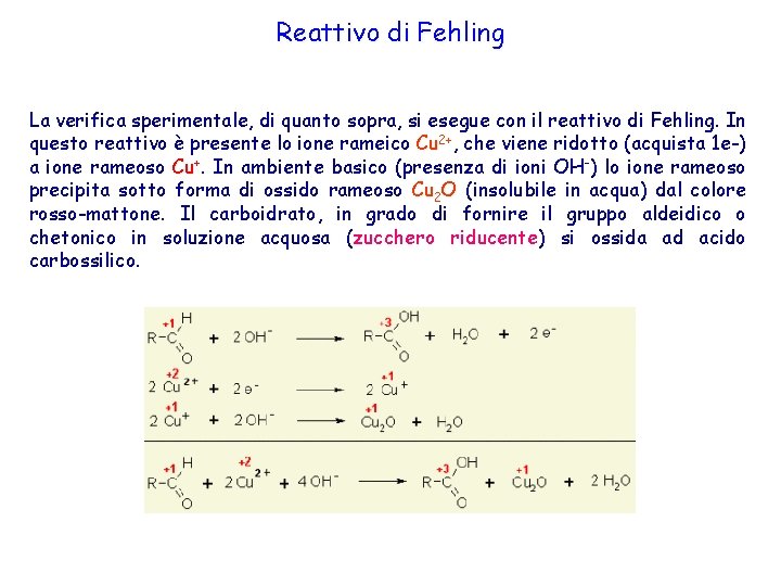 Reattivo di Fehling La verifica sperimentale, di quanto sopra, si esegue con il reattivo