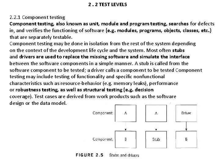2. 2 TEST LEVELS 2. 2. 1 Component testing, also known as unit, module