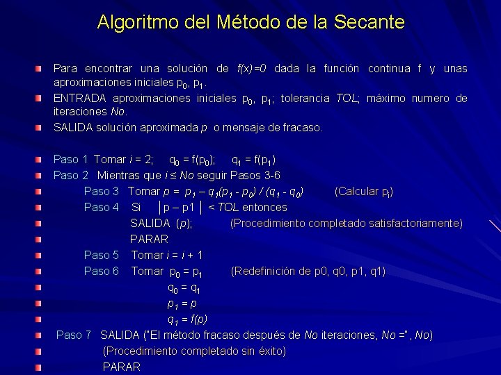 Algoritmo del Método de la Secante Para encontrar una solución de f(x)=0 dada la