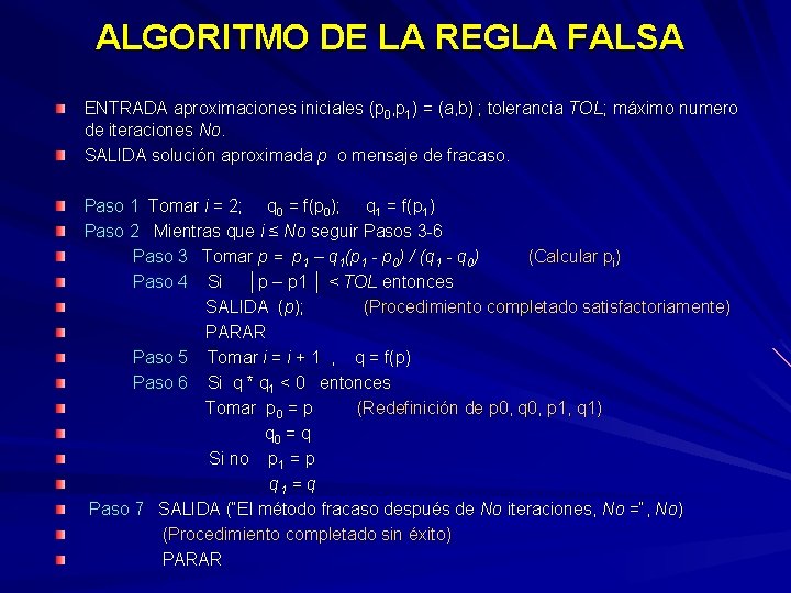 ALGORITMO DE LA REGLA FALSA ENTRADA aproximaciones iniciales (p 0, p 1) = (a,