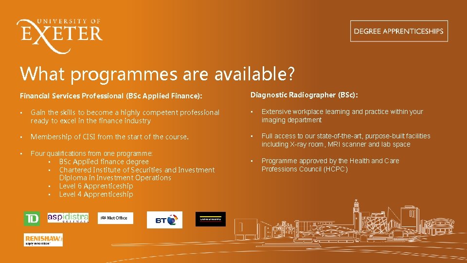 What programmes are available? Financial Services Professional (BSc Applied Finance): Diagnostic Radiographer (BSc): •
