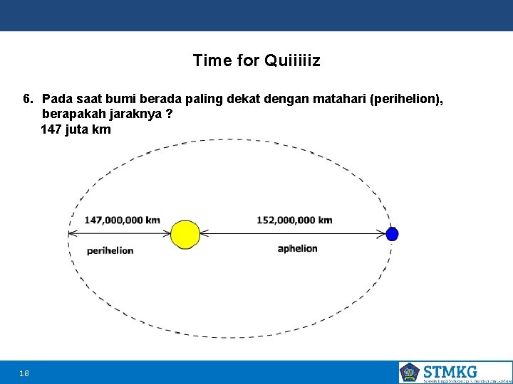 Time for Quiiiiiz 6. Pada saat bumi berada paling dekat dengan matahari (perihelion), berapakah