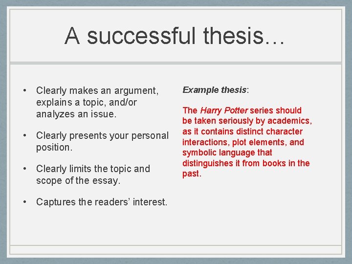 A successful thesis… • Clearly makes an argument, explains a topic, and/or analyzes an