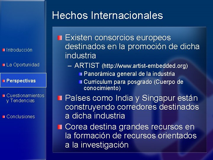 Hechos Internacionales Introducción La Oportunidad Perspectivas Cuestionamientos y Tendencias Conclusiones Existen consorcios europeos destinados