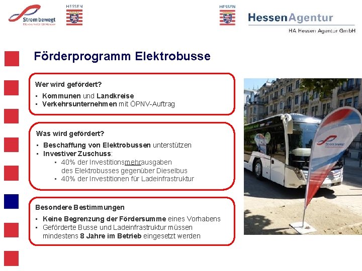 Förderprogramm Elektrobusse Wer wird gefördert? • Kommunen und Landkreise • Verkehrsunternehmen mit ÖPNV-Auftrag Was