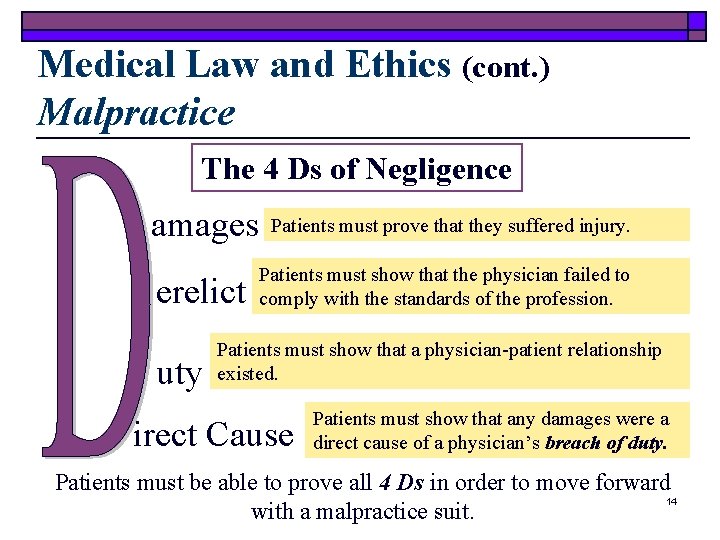 Medical Law and Ethics (cont. ) Malpractice The 4 Ds of Negligence amages erelict