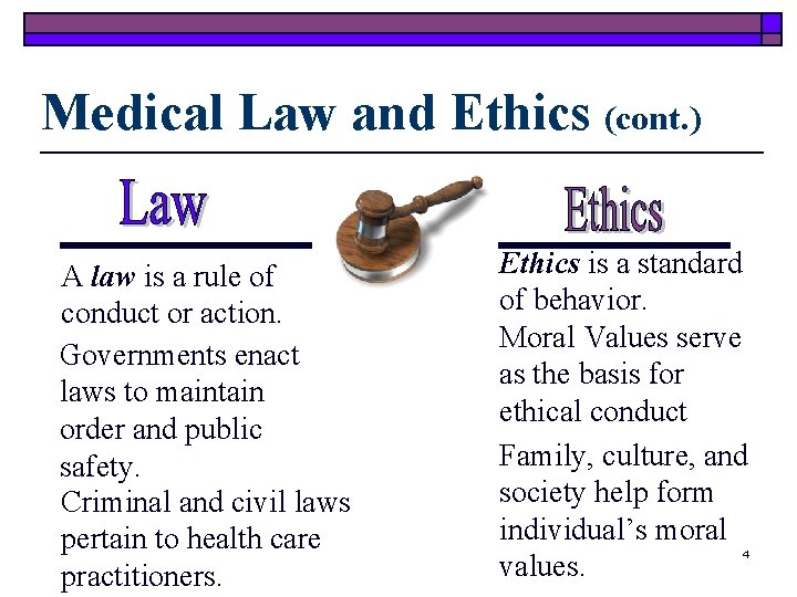 Medical Law and Ethics (cont. ) A law is a rule of conduct or