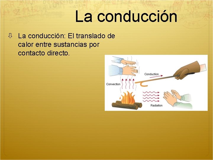  La conducción: El translado de calor entre sustancias por contacto directo. 