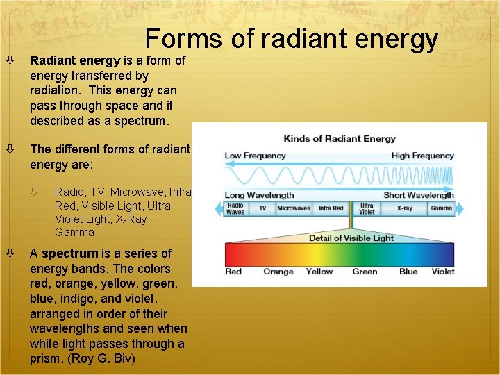 Forms of radiant energy Radiant energy is a form of energy transferred by radiation.