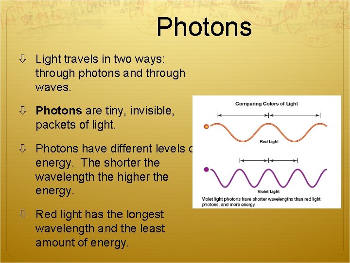 Photons Light travels in two ways: through photons and through waves. Photons are tiny,