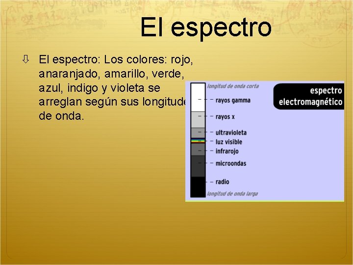 El espectro El espectro: Los colores: rojo, anaranjado, amarillo, verde, azul, indigo y violeta