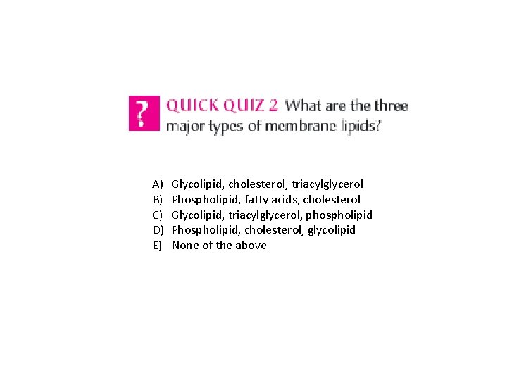 A) B) C) D) E) Glycolipid, cholesterol, triacylglycerol Phospholipid, fatty acids, cholesterol Glycolipid, triacylglycerol,