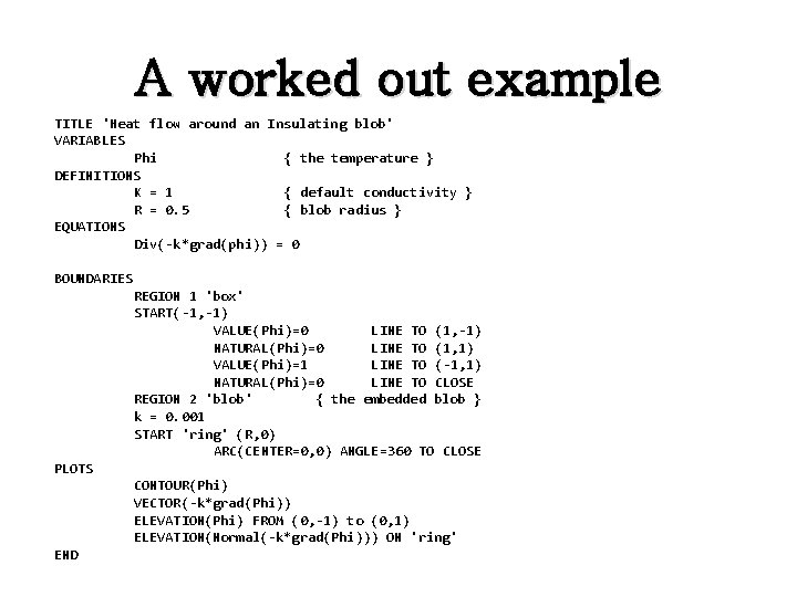 A worked out example TITLE 'Heat flow around an Insulating blob' VARIABLES Phi {