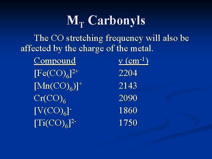 MT Carbonyls The CO stretching frequency will also be affected by the charge of