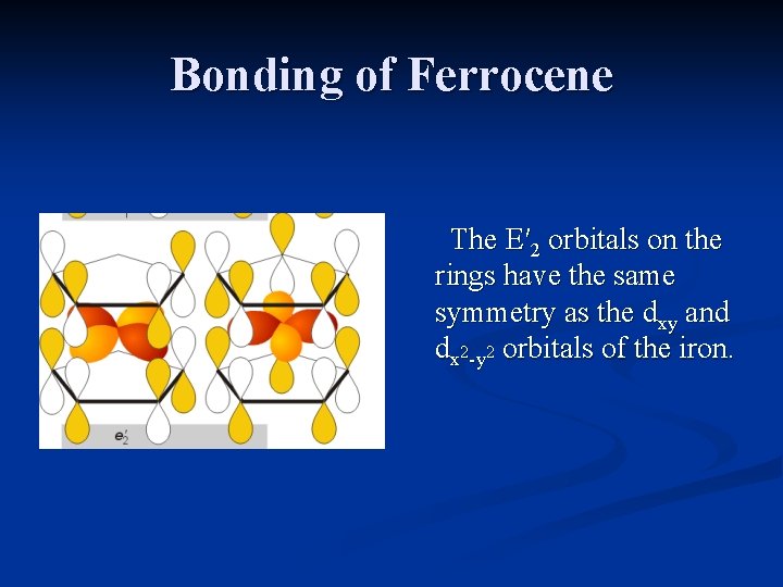 Bonding of Ferrocene The E′ 2 orbitals on the rings have the same symmetry