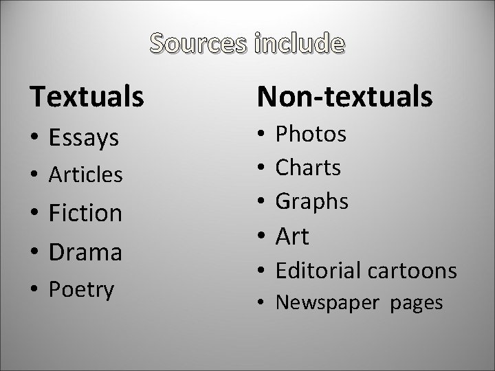 Sources include Textuals Non-textuals • Essays • Photos • Charts • Graphs • Articles