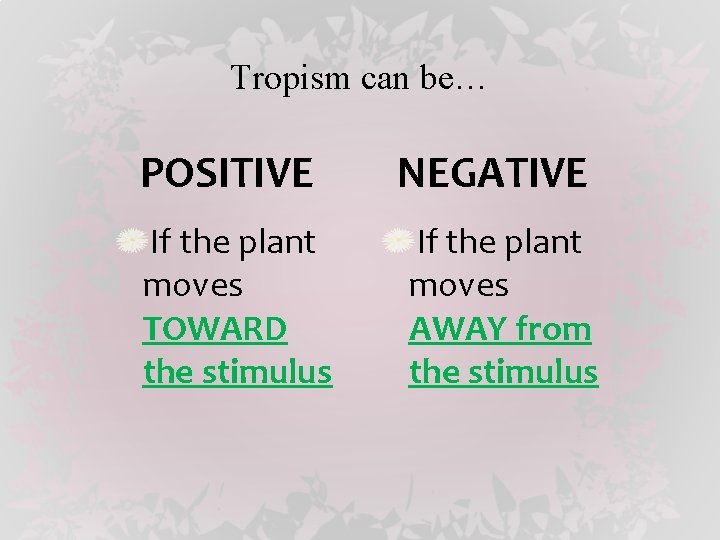 Tropism can be… POSITIVE NEGATIVE If the plant moves TOWARD the stimulus If the