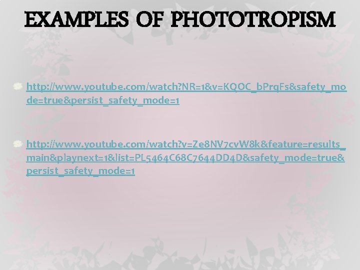 EXAMPLES OF PHOTOTROPISM http: //www. youtube. com/watch? NR=1&v=KQOC_b. Prq. Fs&safety_mo de=true&persist_safety_mode=1 http: //www. youtube.