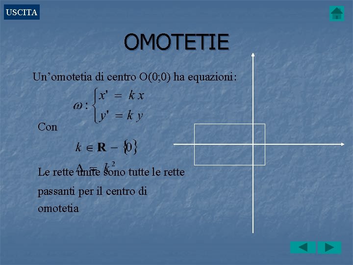 USCITA OMOTETIE Un’omotetia di centro O(0; 0) ha equazioni: Con Le rette unite sono