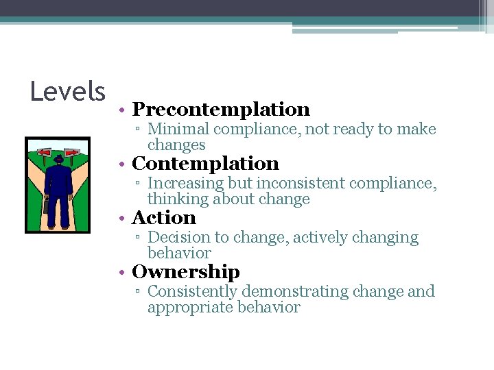 Levels • Precontemplation ▫ Minimal compliance, not ready to make changes • Contemplation ▫ Levels • Precontemplation ▫ Minimal compliance, not ready to make changes • Contemplation ▫