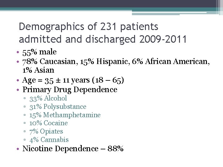 Demographics of 231 patients admitted and discharged 2009 -2011 • 55% male • 78% Demographics of 231 patients admitted and discharged 2009 -2011 • 55% male • 78%