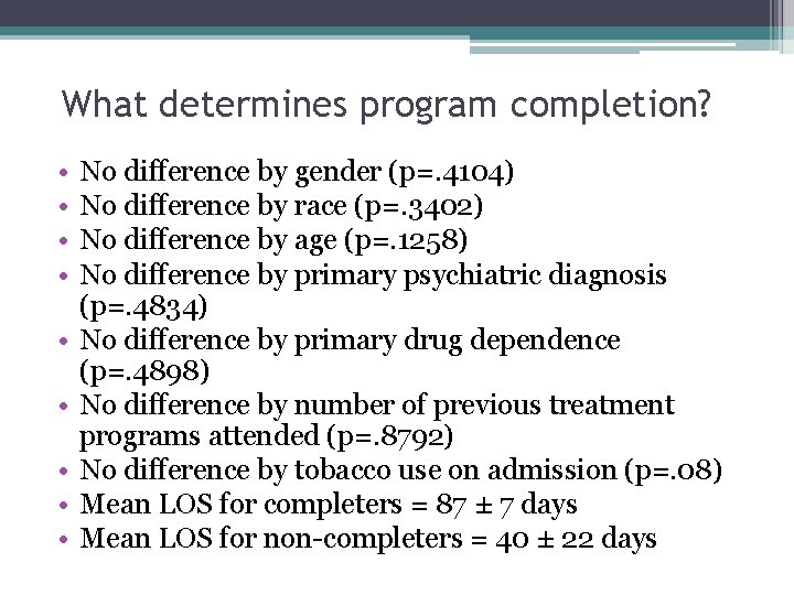 What determines program completion? • • • No difference by gender (p=. 4104) No What determines program completion? • • • No difference by gender (p=. 4104) No