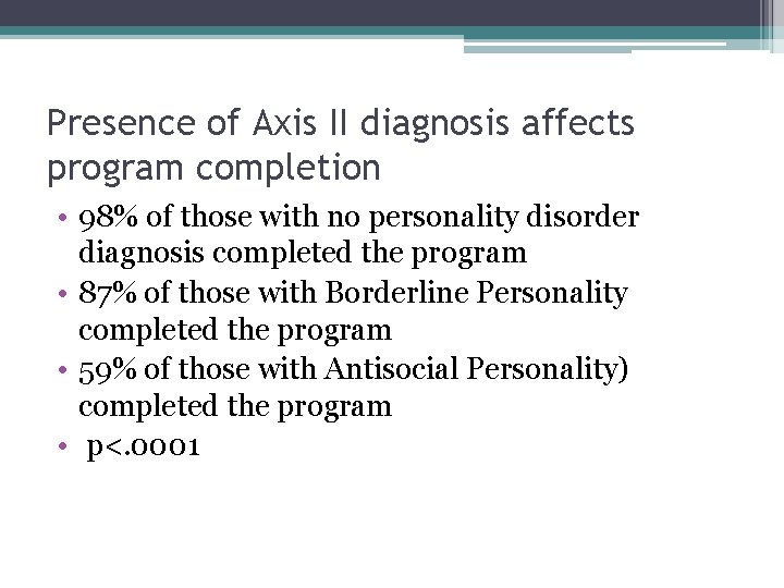 Presence of Axis II diagnosis affects program completion • 98% of those with no Presence of Axis II diagnosis affects program completion • 98% of those with no