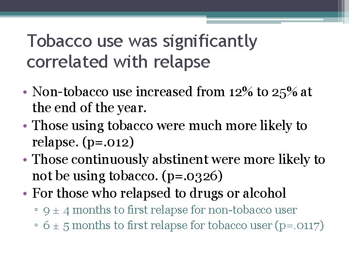 Tobacco use was significantly correlated with relapse • Non-tobacco use increased from 12% to Tobacco use was significantly correlated with relapse • Non-tobacco use increased from 12% to