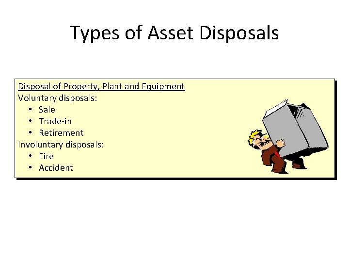 Types of Asset Disposals Disposal of Property, Plant and Equipment Voluntary disposals: • Sale