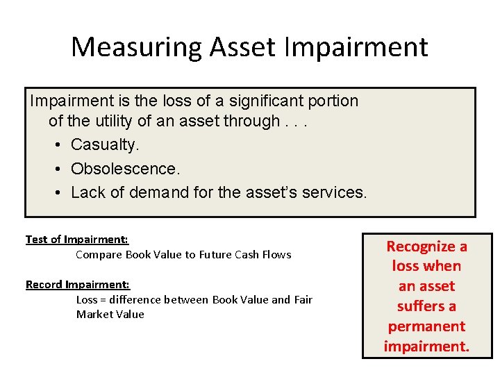 Measuring Asset Impairment is the loss of a significant portion of the utility of