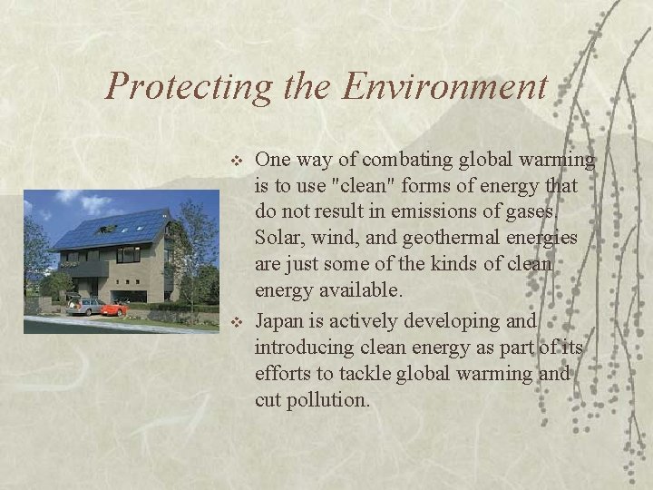 Protecting the Environment v v One way of combating global warming is to use