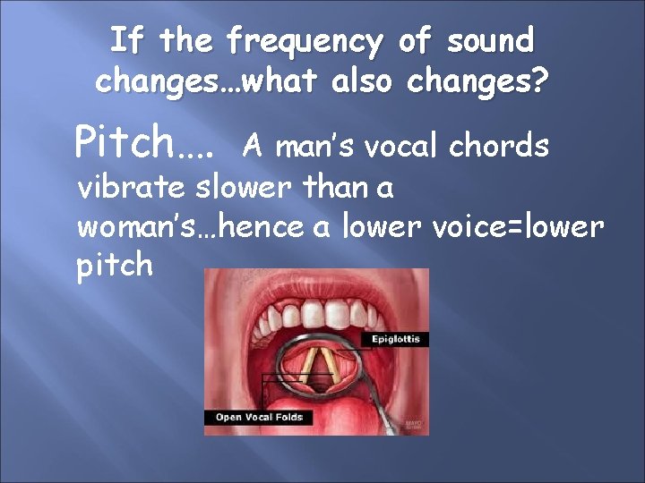 If the frequency of sound changes…what also changes? Pitch…. A man’s vocal chords vibrate