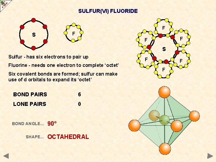 SULFUR(VI) FLUORIDE F F S Sulfur - has six electrons to pair up Fluorine